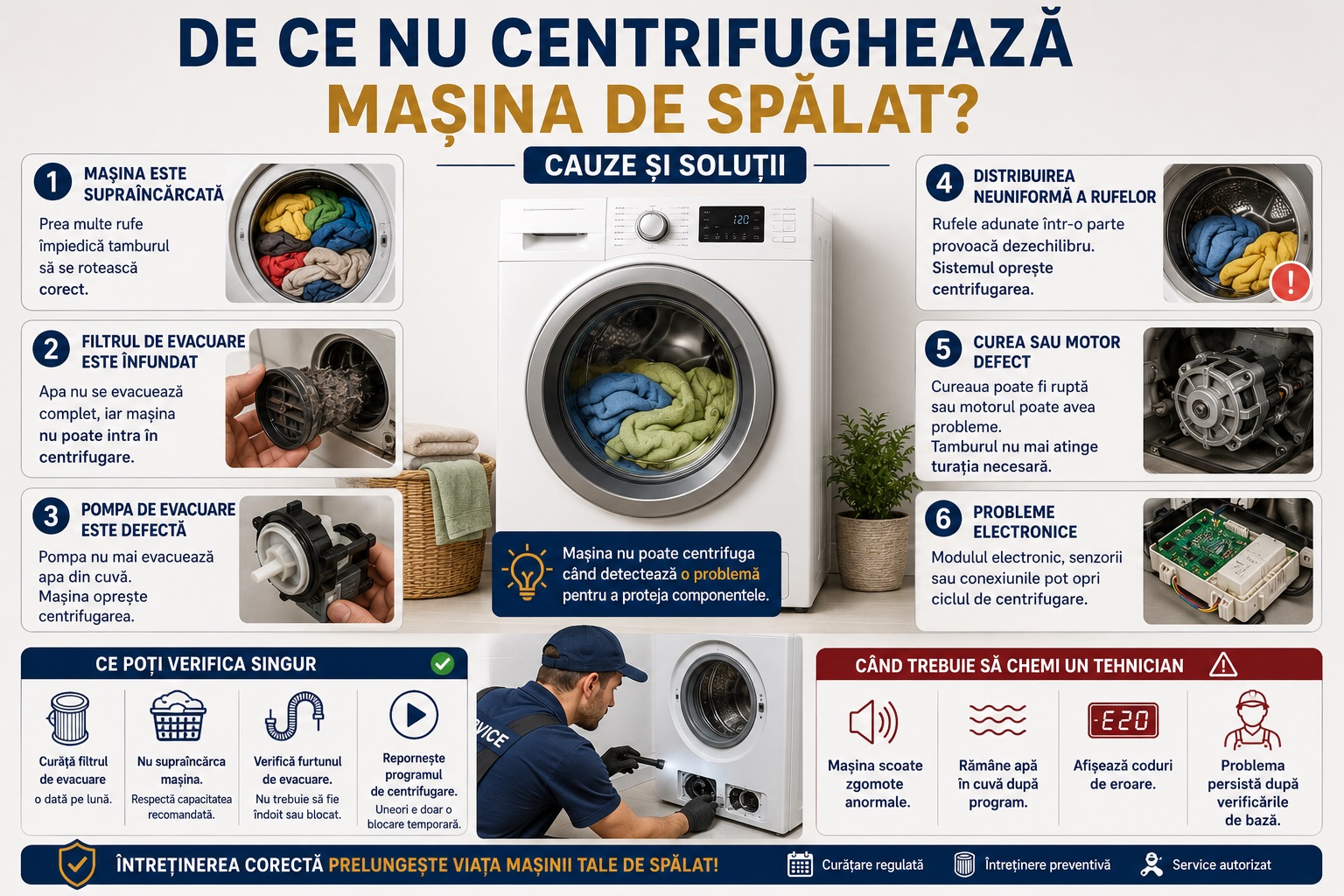 De ce nu centrifugheaza masina de spalat: cauze si solutii